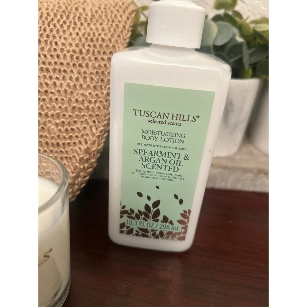 Tuscan Hills bath and body set includes spearmint and argan oil scented products